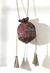 Kashvi Blue, Coral & Multi Silk Patola Print Potli With Tassels image 2