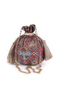 Kashvi Blue, Coral & Multi Silk Patola Print Potli With Tassels image 3