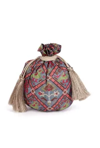 Kashvi Blue, Coral & Multi Silk Patola Print Potli With Tassels image 4