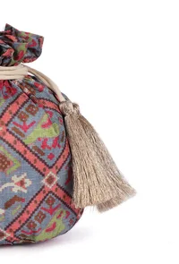 Kashvi Blue, Coral & Multi Silk Patola Print Potli With Tassels image 5
