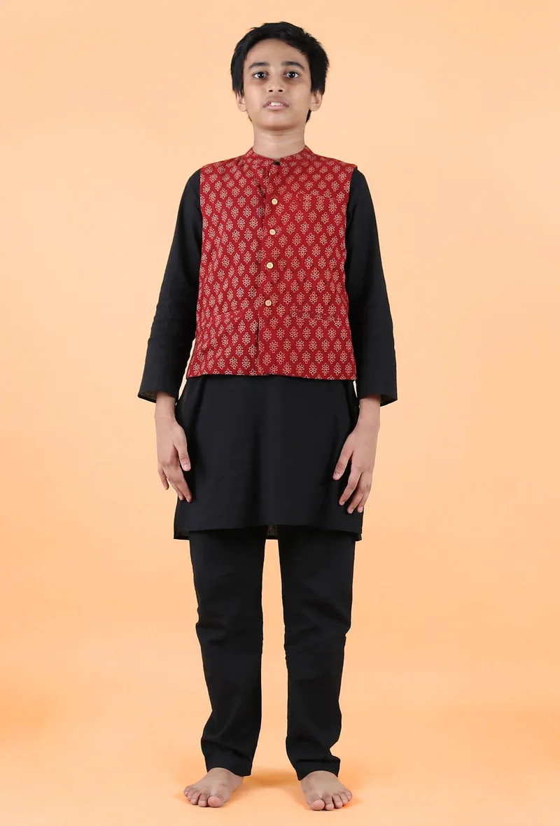 Orian Madder Red Ajrakh Print Cotton Nehru Jacket