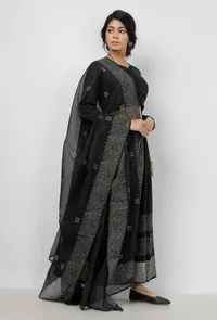 Black and White Buti Hand Block Printed Kota Dupatta image 3