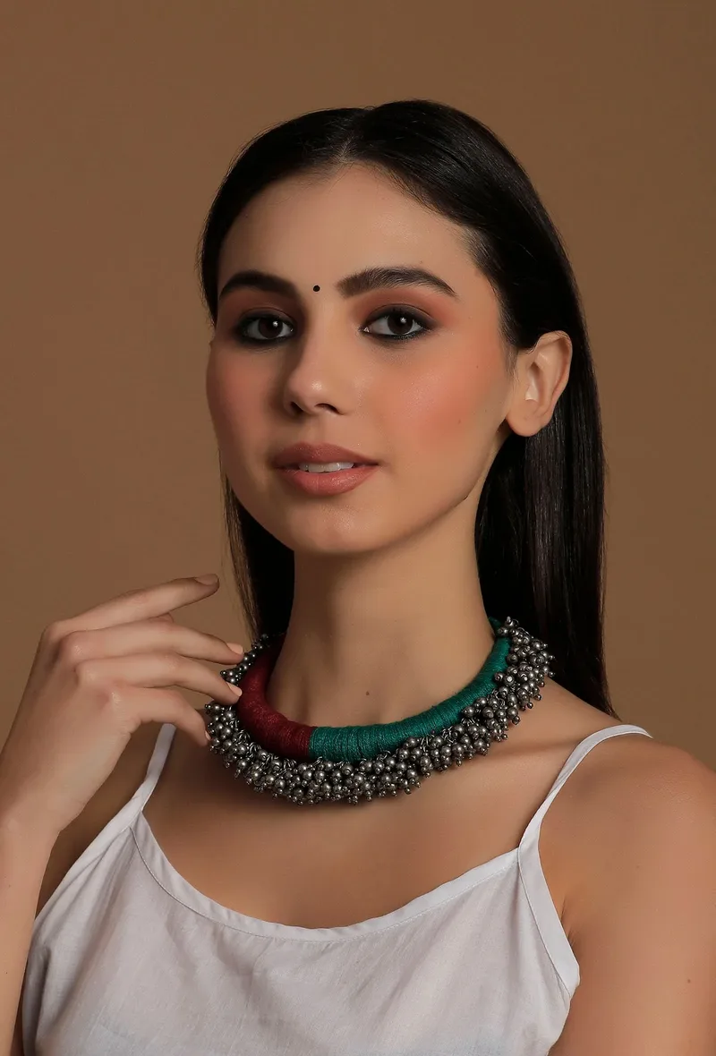 Nihima Duo Red and Green Tribal Ghungroo Necklace