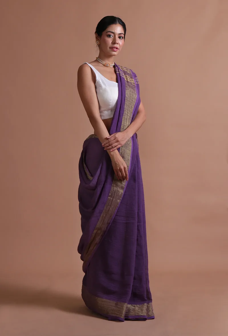 Dark Purple Color Cotton Linen Saree With Unstitched Blouse