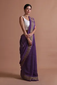 Dark Purple Color Cotton Linen Saree With Unstitched Blouse image 1