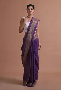 Dark Purple Color Cotton Linen Saree With Unstitched Blouse image 3