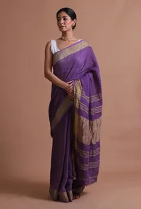 Dark Purple Color Cotton Linen Saree With Unstitched Blouse image 4