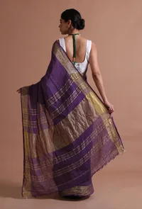 Dark Purple Color Cotton Linen Saree With Unstitched Blouse image 5