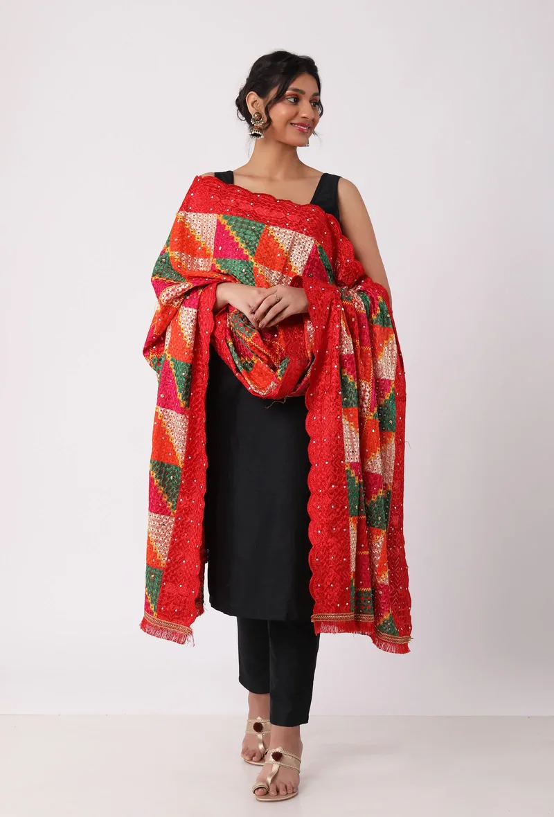 Red allover embriodred phoolkari dupatta