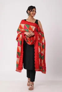 Red allover embriodred phoolkari dupatta image 1