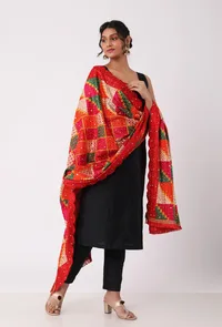 Red allover embriodred phoolkari dupatta image 2