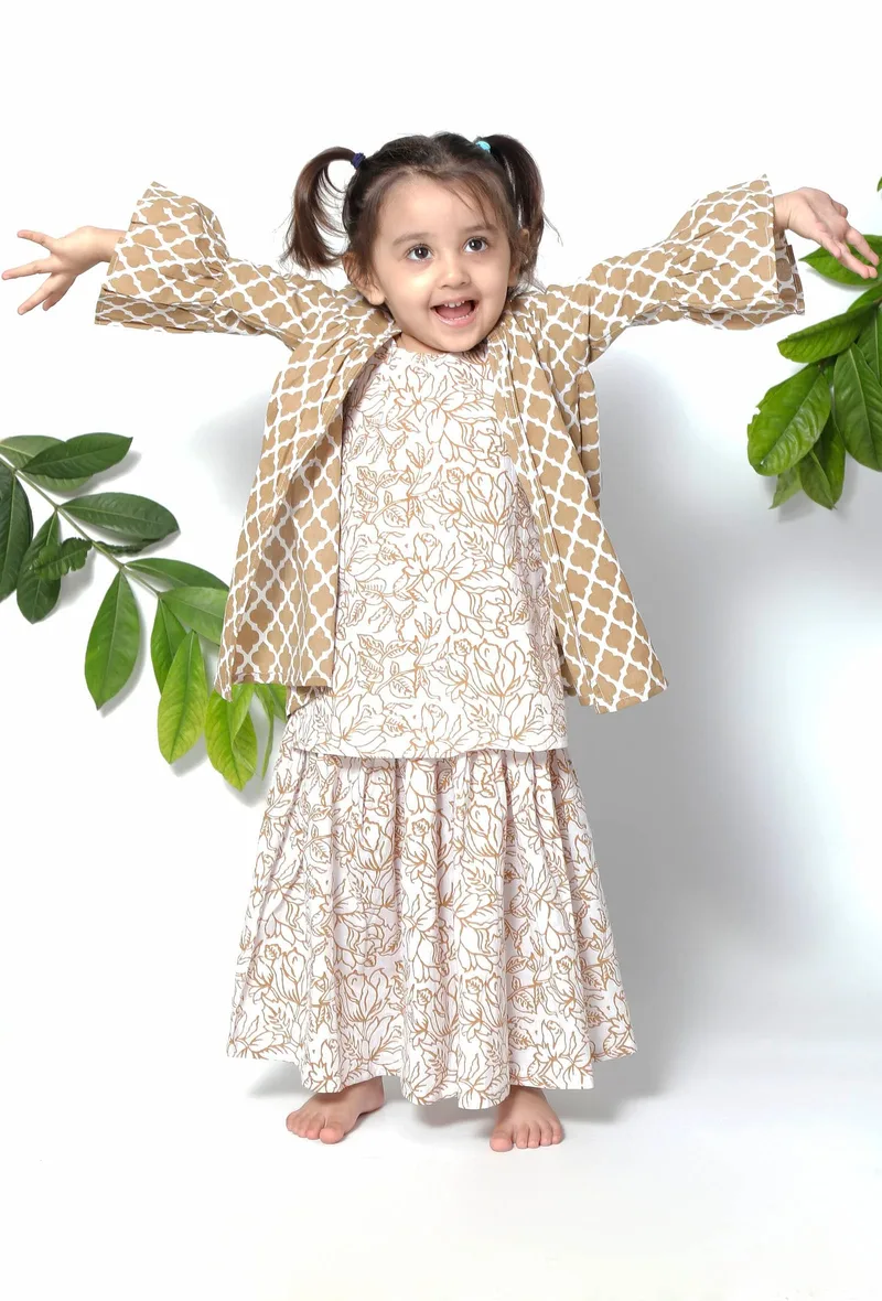 Set of 3 - Rapunzel Brown Floral Cape Jacket with Cotton Slip and Jacket