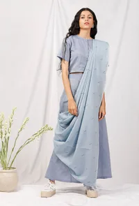 Set Of 3: Chambray Blouse And Culottes With Jamdani Saree image 1