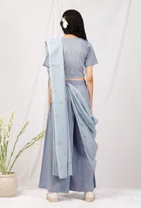 Set Of 3: Chambray Blouse And Culottes With Jamdani Saree image 6