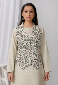 Green Block Printed Cotton Collar Khadi Blazer image 2