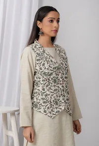 Green Block Printed Cotton Collar Khadi Blazer image 3