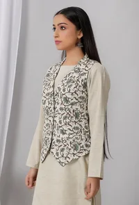Green Block Printed Cotton Collar Khadi Blazer image 4