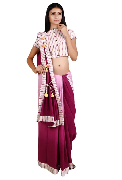 Magenta & White Ombre Handloom Cotton Tie Up Saree