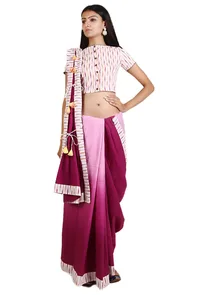 Magenta & White Ombre Handloom Cotton Tie Up Saree image 2