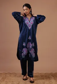 Blue Zodiac Velvet Ari Embroidered Kurta & Pant Set- Free Size image 1