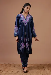 Blue Zodiac Velvet Ari Embroidered Kurta & Pant Set- Free Size image 2