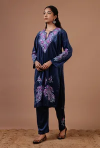 Blue Zodiac Velvet Ari Embroidered Kurta & Pant Set- Free Size image 3