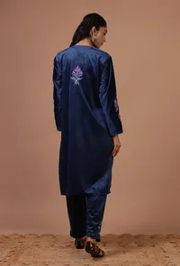 Blue Zodiac Velvet Ari Embroidered Kurta & Pant Set- Free Size image 4