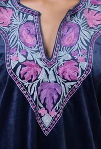 Blue Zodiac Velvet Ari Embroidered Kurta & Pant Set- Free Size image 5