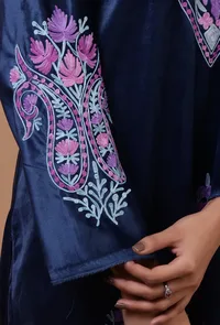 Blue Zodiac Velvet Ari Embroidered Kurta & Pant Set- Free Size image 6