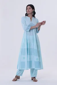 Greenish-Blue Cotton Block Printed Anarkali Kurta image 1