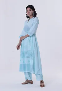 Greenish-Blue Cotton Block Printed Anarkali Kurta image 2