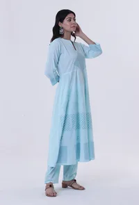 Greenish-Blue Cotton Block Printed Anarkali Kurta image 3