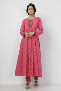 Raisa Pink Floral Hand-Block Printed Cotton-Kota Anarkali image 2