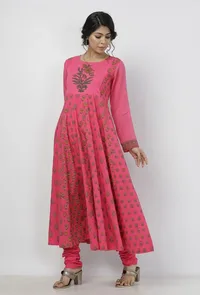 Raisa Pink Floral Hand-Block Printed Cotton-Kota Anarkali image 3