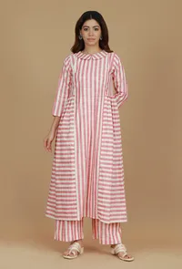 Set of 2 Pink & White Striped Cotton Viscose Kurta with Matching Pants image 1