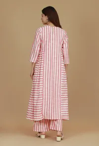 Set of 2 Pink & White Striped Cotton Viscose Kurta with Matching Pants image 3