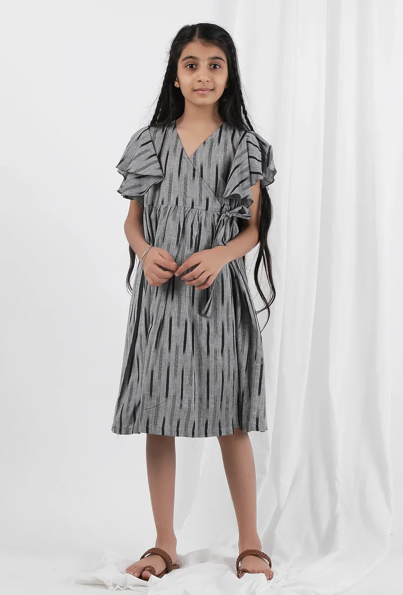 Black Ikat Wrap Around Cotton Dress