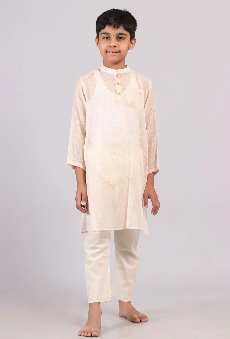 Set Of 2: Plain White Silver Cotton Stripes Kurta Pyjama Set