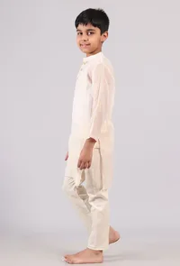 Set Of 2: Plain White Silver Cotton Stripes Kurta Pyjama Set image 2