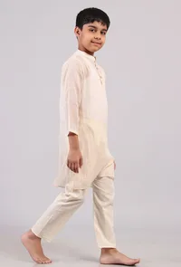 Set Of 2: Plain White Silver Cotton Stripes Kurta Pyjama Set image 3