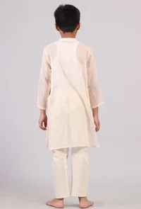 Set Of 2: Plain White Silver Cotton Stripes Kurta Pyjama Set image 4