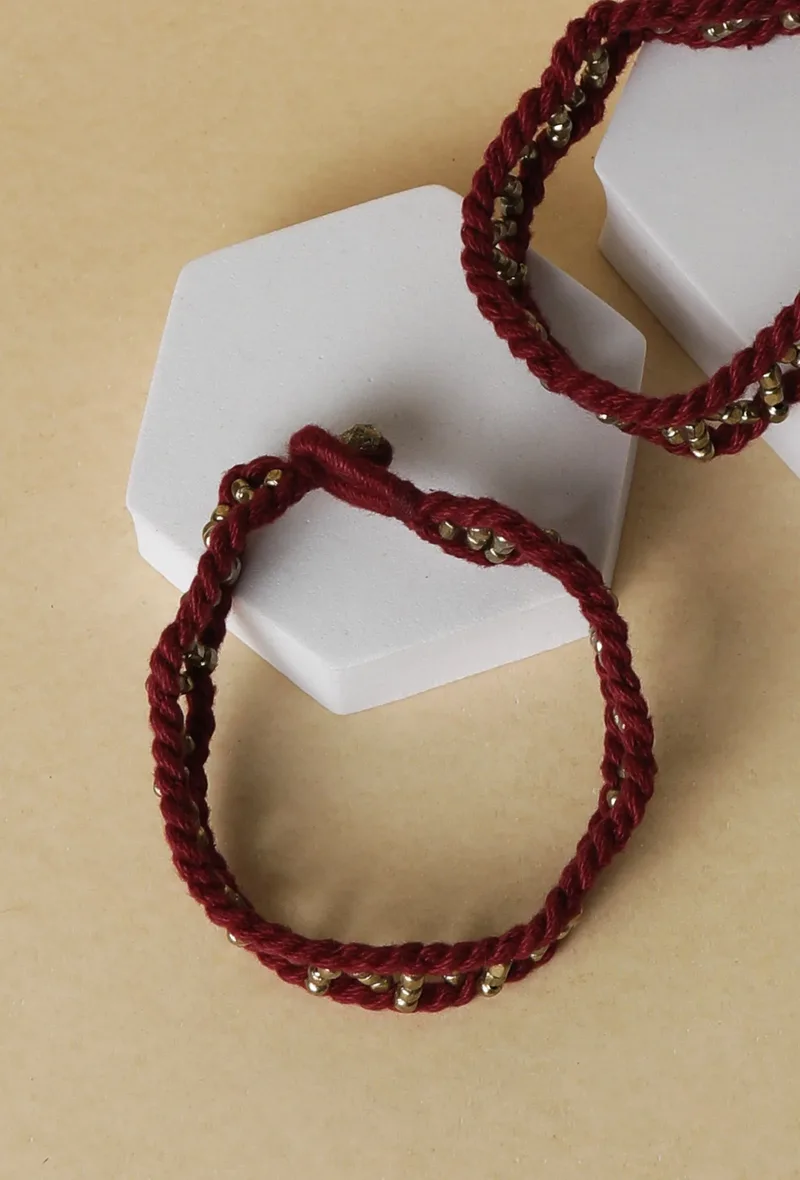 Set Of 2- Alina Red Thread German Silver Anklets