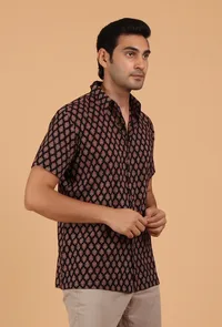Black Ajrakh Handcrafted Half Sleeves Cotton Shirt image 2