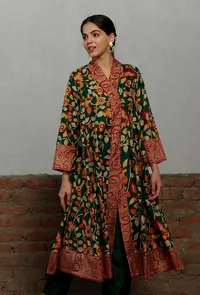 Green Kalamkari Printed Overlap Flared Kurta Dress image 1