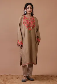 Beige Woolen Ari Embroidered Phiran- Free Size image 1