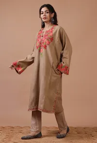 Beige Woolen Ari Embroidered Phiran- Free Size image 2