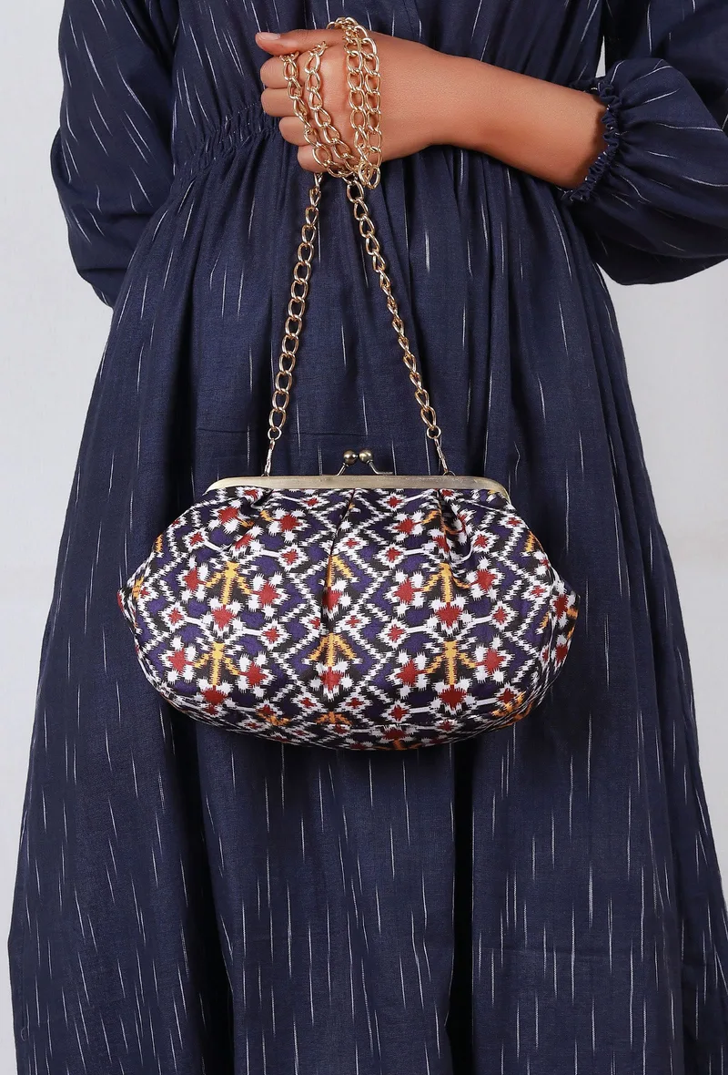 White, Blue & Multi Silk Patola Print Clutch