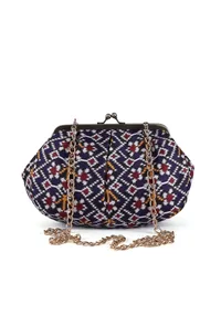 White, Blue & Multi Silk Patola Print Clutch image 3