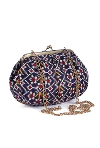 White, Blue & Multi Silk Patola Print Clutch image 4