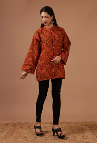 Orange & Multicolor Ari Embroidered Kani Short Jacket image 1